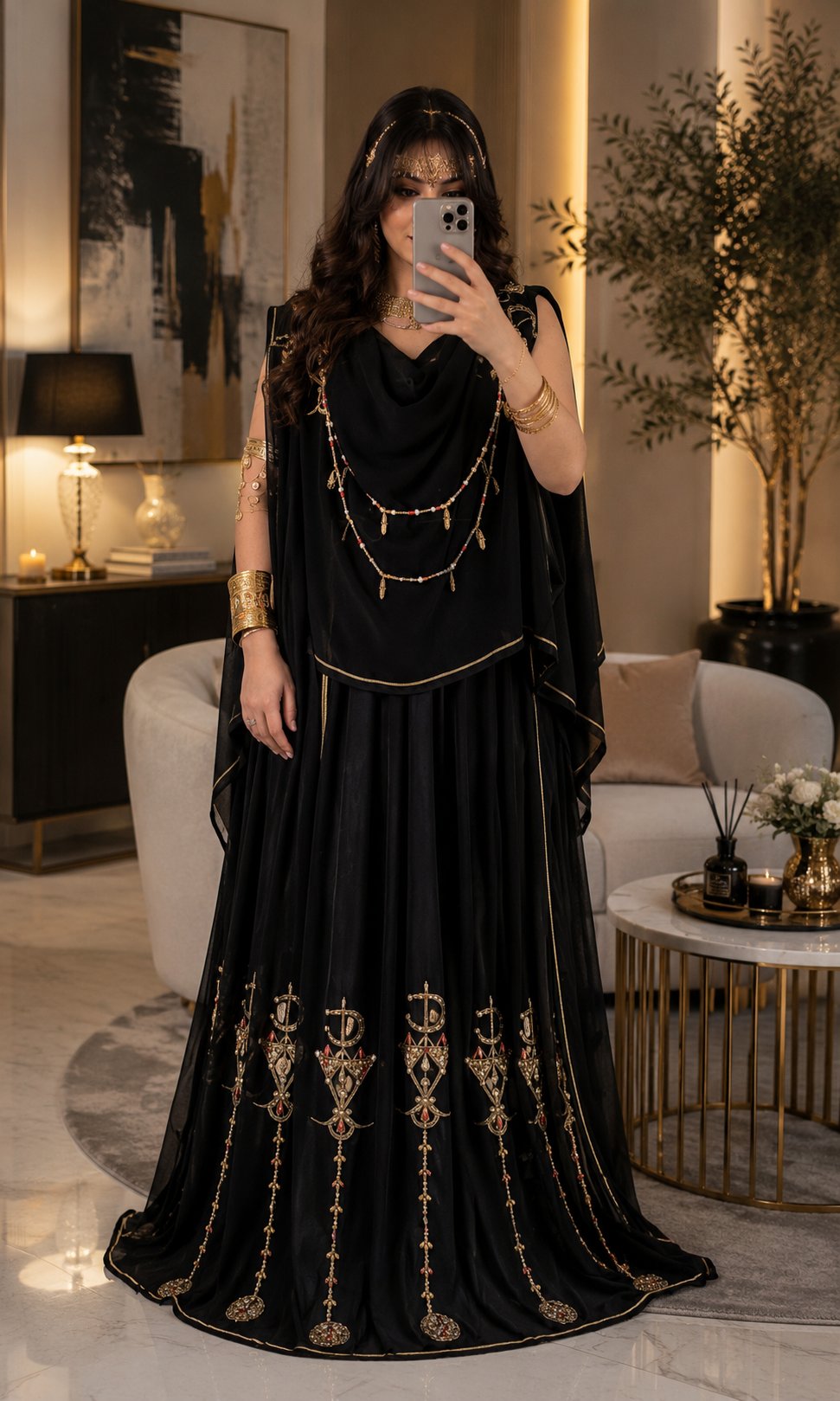 طقم تقليدي أسود بتطريز ذهبي
