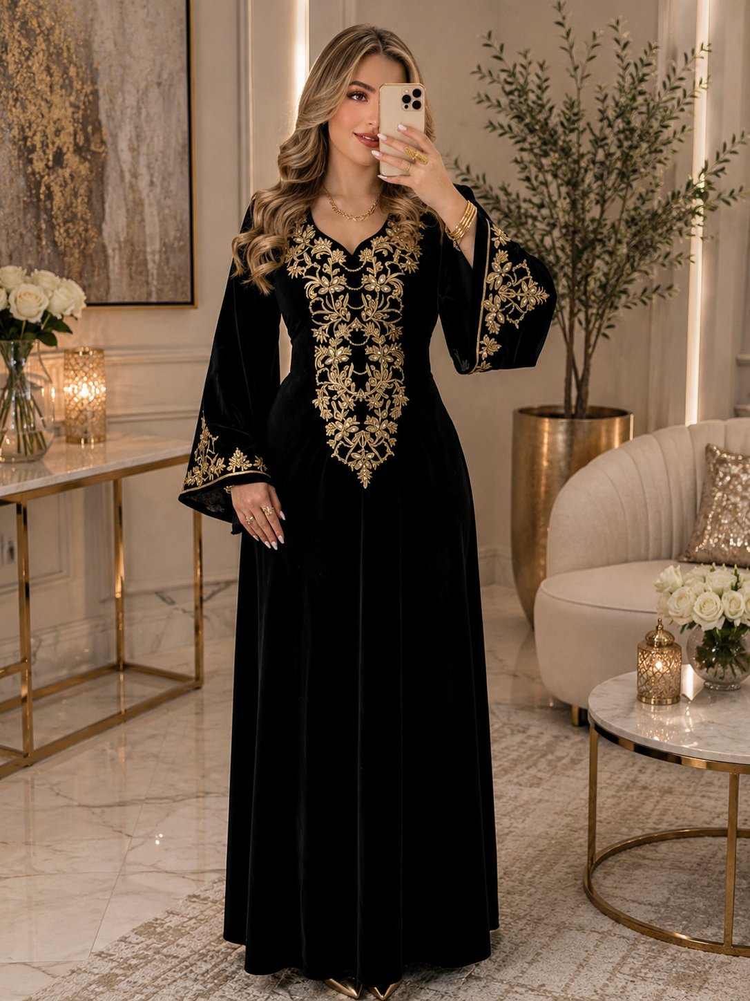 فستان مخملي أسود بتطريز ذهبي