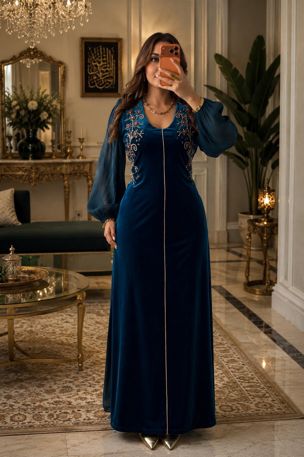 فستان مخملي أزرق بacock بأكمام شفافة